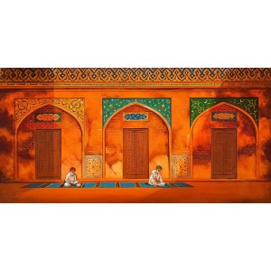 S. A. Noory, Wazir Khan Mosque - Lahore, 18 x 36 Inch, Acrylic on Canvas, Cityscape Painting, AC-SAN-127